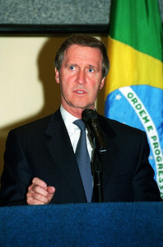 Secretary of Defense William S. Cohen responds to a reporter's question at a press briefing during the Defense Ministerial of the Americas IV in Manaus, Brazil, on Oct. 17, 2000. Cohen joined 24 defense leaders from the Western Hemisphere in Manaus to discuss regional and worldwide security. 