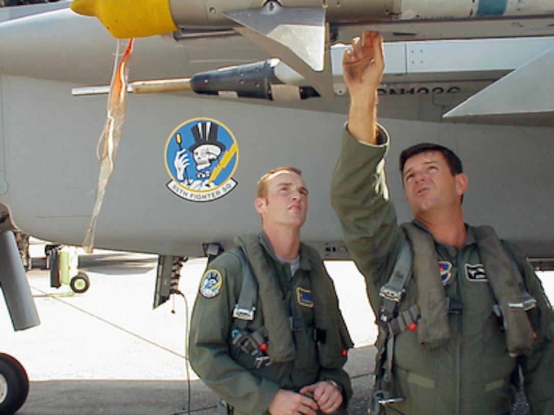 Lt. Col. Jerry Kerby (right), U.S. Air Force, guides Dale Zimmerman through a pre-flight inspection of an F-15 Eagle at Tyndall Air Force Base, Fla., prior to an orientation flight on Aug. 24, 2000. Zimmerman is the Air Force winner of the Yahoo! Fantasy Careers in Today's Military Contest and is spending a two-day adventure as an honorary F-15 pilot. Kerby is the 325th Operations Support Squadron weapons and training flight commander. Zimmerman, 22, from Junction City, Ore., is a customer service representative for United Airlines. 