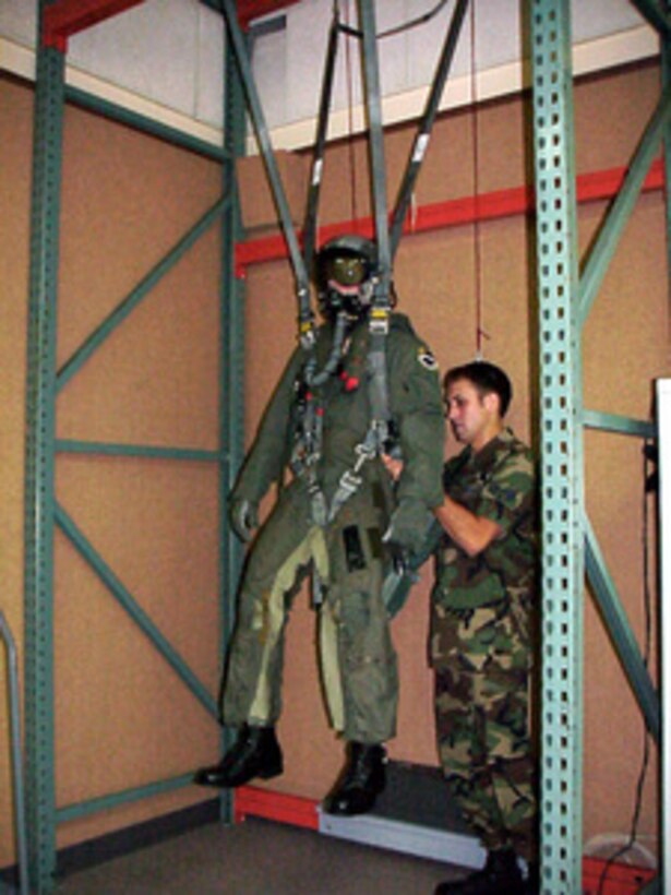 U.S. Air Force Senior Airman Matt P. Kurpaski adjusts the straps of life support gear during emergency egress training for Dale Zimmerman at Tyndall Air Force Base, Fla., on Aug. 24, 2000. Zimmerman is the Air Force winner of the Yahoo! Fantasy Careers in Today's Military Contest and is spending a two-day adventure as an honorary F-15 pilot. Kurpaski is a life support journeyman attached to the 95th Fighter Squadron at Tyndall. Zimmerman, 22, from Junction City, Ore., is a customer service representative for United Airlines. 