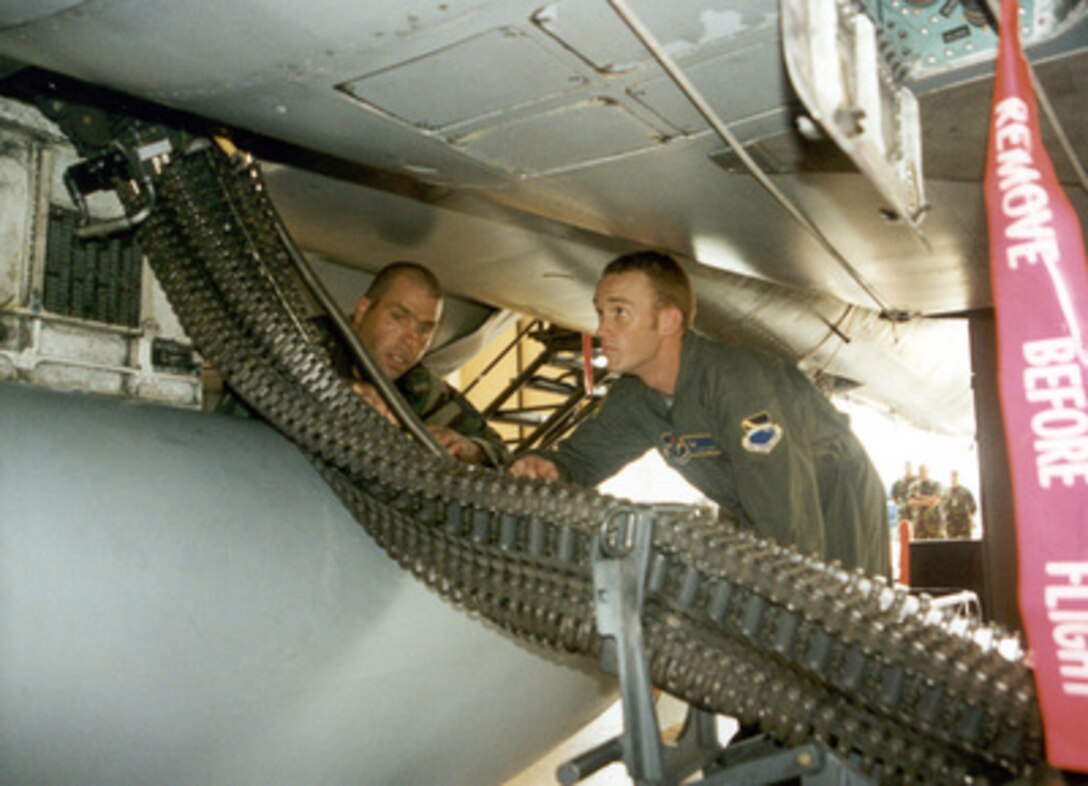 Tech. Sgt. Wayne W. Warner (left), U.S. Air Force, shows Dale Zimmerman the universal ammunition loader for an F-15 Eagle's M61-A1 Gatling gun at Tyndall Air Force Base, Fla., prior to an orientation flight on Aug. 24, 2000. Zimmerman is the Air Force winner of the Yahoo! Fantasy Careers in Today's Military Contest and is spending a two-day adventure as an honorary F-15 pilot. Warner is a load standardization crew member attached to the 325th Operations Group at Tyndall. Zimmerman, 22, from Junction City, Ore., is a customer service representative for United Airlines. 