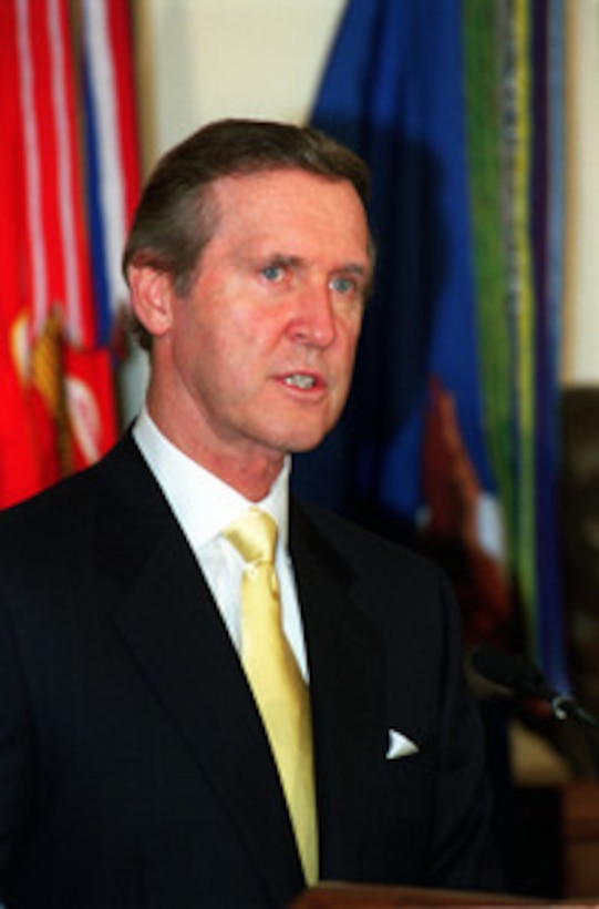 Secretary of Defense William S. Cohen responds to a reporter's question during a joint press availability with Minister of Defense Frank de Grave, of the Kingdom of the Netherlands, at the Pentagon on Sept. 25, 2000. 