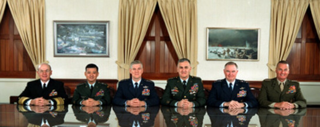 The Joint Chiefs of Staff photographed in the Joint Chiefs of Staff Gold Room, more commonly known as The Tank, in the Pentagon on Jan. 11, 2001. From left to right are: U.S. Navy Chief of Naval Operations Vernon Clark, U.S. Army Chief of Staff Gen. Eric K. Shinseki, Vice Chairman of the Joint Chiefs of Staff Gen. Richard B. Myers, U.S. Air Force, Chairman of the Joint Chiefs of Staff Gen. Henry H. Shelton, U.S. Army, U.S. Air Force Chief of Staff Gen. Michael E. Ryan, and U.S. Marine Corps Commandant Gen. James L. Jones Jr. 