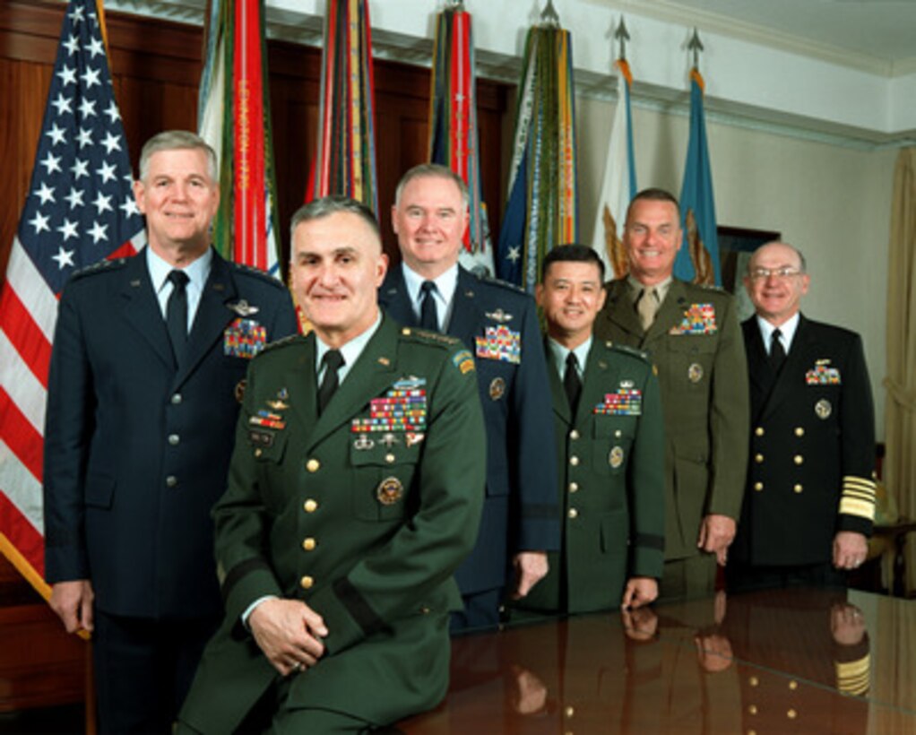 The Joint Chiefs of Staff photographed in the Joint Chiefs of Staff Gold Room, more commonly known as The Tank, in the Pentagon on Jan. 11, 2001. From left to right are: Vice Chairman of the Joint Chiefs of Staff Gen. Richard B. Myers, U.S. Air Force, Chairman of the Joint Chiefs of Staff Gen. Henry H. Shelton, U.S. Army, U.S. Air Force Chief of Staff Gen. Michael E. Ryan, U.S. Army Chief of Staff Gen. Eric K. Shinseki, U.S. Marine Corps Commandant Gen. James L. Jones Jr., and U.S. Navy Chief of Naval Operations Vernon Clark. 