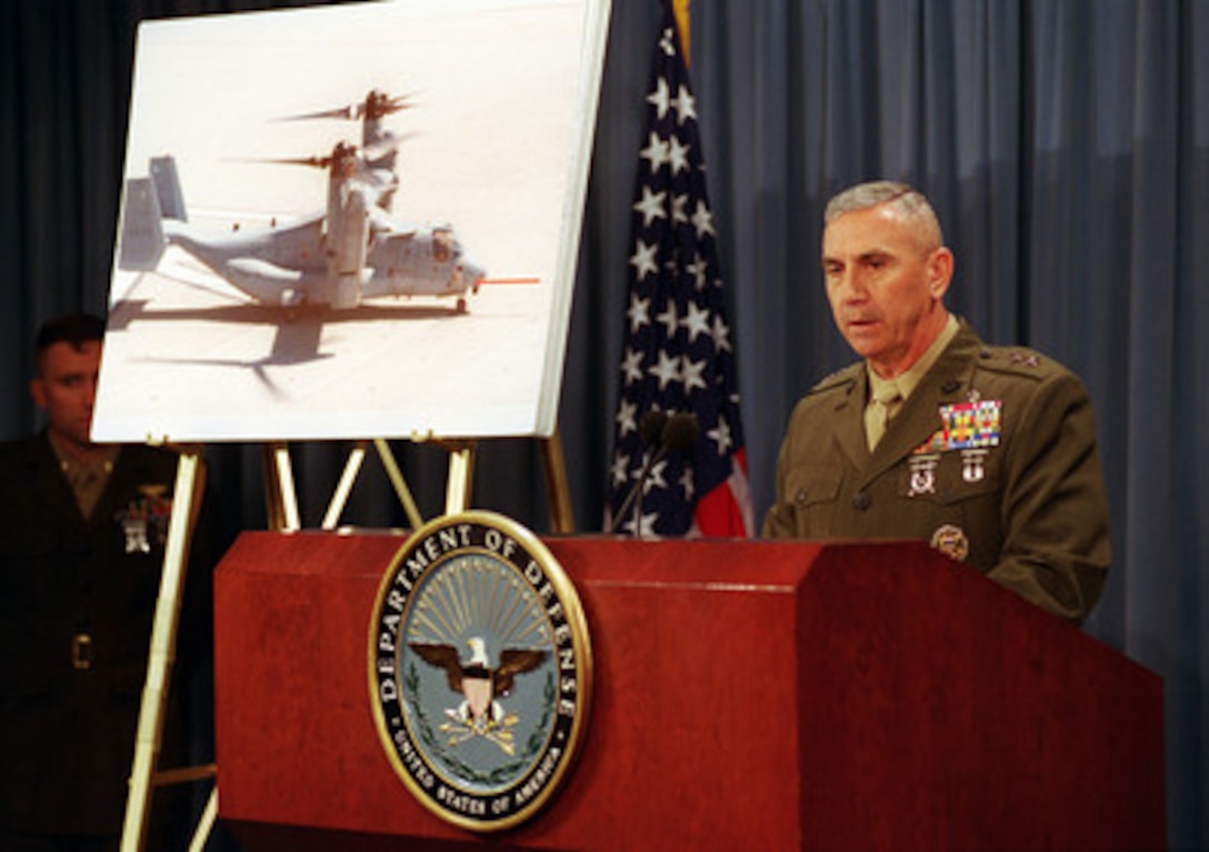 Marine Corps Maj. Gen. Martin R. Berndt briefs reporters at the Pentagon on April 5, 2001, on the findings of the Judge Advocate General Manual investigation into the cause of the Dec. 11, 2000, crash of a V-22 Osprey near New River, North Carolina. The investigation determined that the crash, which killed all four Marine Corps personnel aboard, was caused by a hydraulic system failure compounded by a computer software anomaly. Berndt is the commanding general, II Marine Expeditionary Force. 