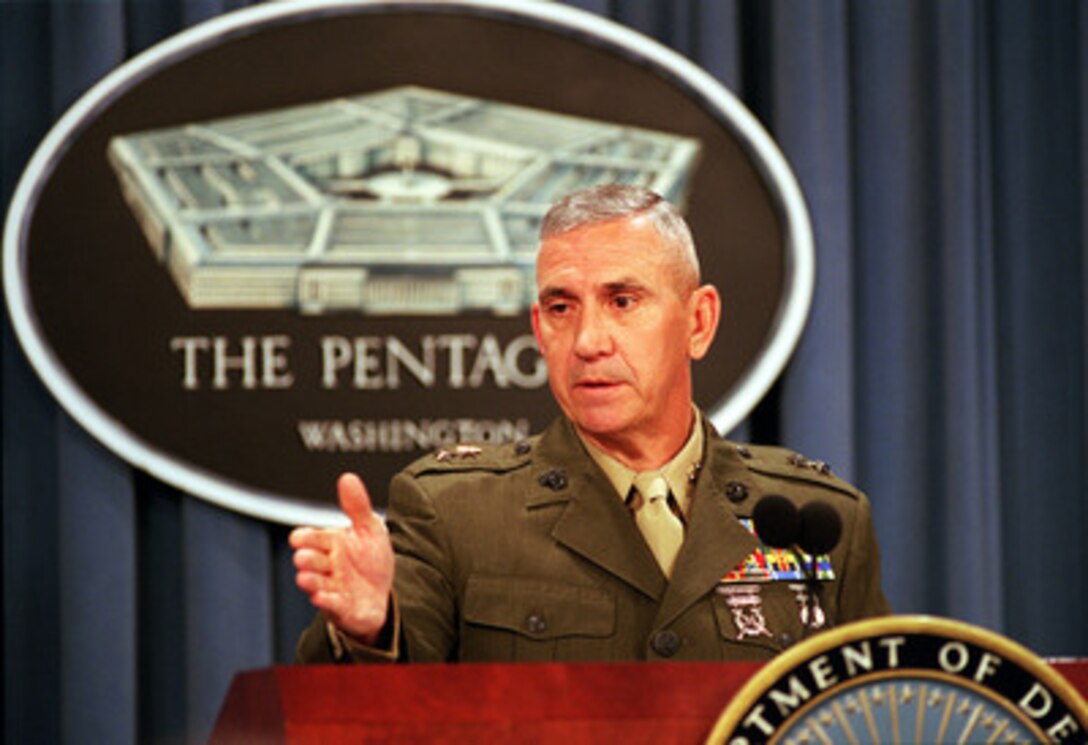 Marine Corps Maj. Gen. Martin R. Berndt briefs reporters at the Pentagon on April 5, 2001, on the findings of the Judge Advocate General Manual investigation into the cause of the Dec. 11, 2000, crash of a V-22 Osprey near New River, N.C. The investigation determined that the crash, which killed all four Marine Corps personnel aboard, was caused by a hydraulic system failure compounded by a computer software anomaly. Berndt is the commanding general, II Marine Expeditionary Force. 