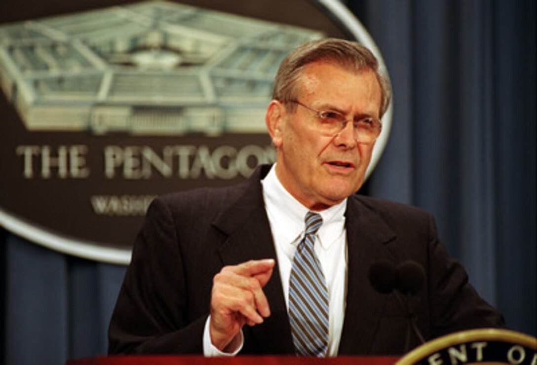 010413-D-9880W-057  Secretary of Defense Donald H. Rumsfeld briefs reporters in the Pentagon on April 13, 2001, on the facts associated with the recent collision of the EP-3 Aries II reconnaissance aircraft and a Chinese F-8 fighter aircraft. 