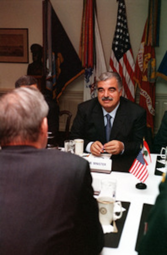 Lebanese Prime Minister Rafiq Hariri meets with Secretary of Defense Donald H. Rumsfeld in the Pentagon on April 25, 2001. Hariri and Rumsfeld are meeting to discuss a range of regional policy and security issues of interest to both nations. 