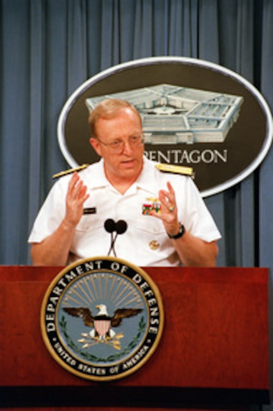 Deputy Assistant Secretary of Defense for Public Affairs Rear Adm. Craig Quigley responds to a reporter's question during a Pentagon press briefing on Aug. 9, 2001. 