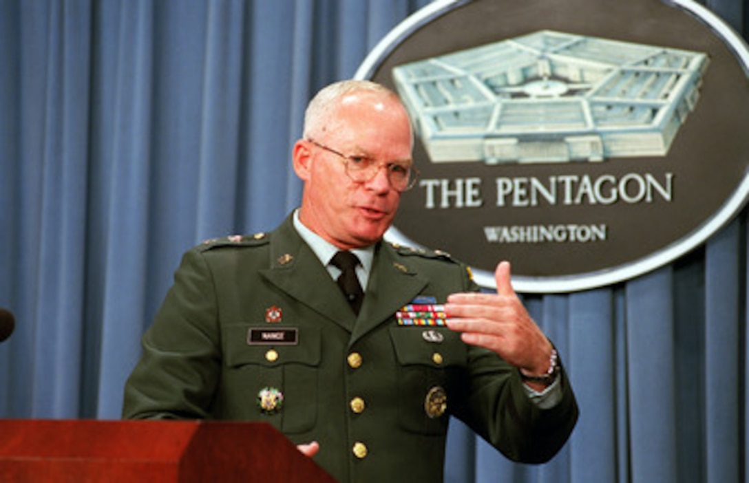 Army Maj. Gen. Willie B. Nance gives reporters an update on the July 14th ballistic missile intercept test during a Pentagon press briefing on Aug. 9, 2001. Nance is the program executive officer for the Ground-Based Missile Defense Segment of the Ballistic Missile Defense Organization. 