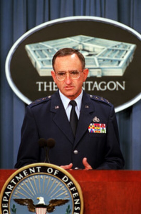 Air Force Deputy Chief of Staff for Installations & Logistics Lt. Gen. Michael Zettler responds to a reporter's question at a Pentagon press briefing regarding aging aircraft on Aug. 16, 2001. 