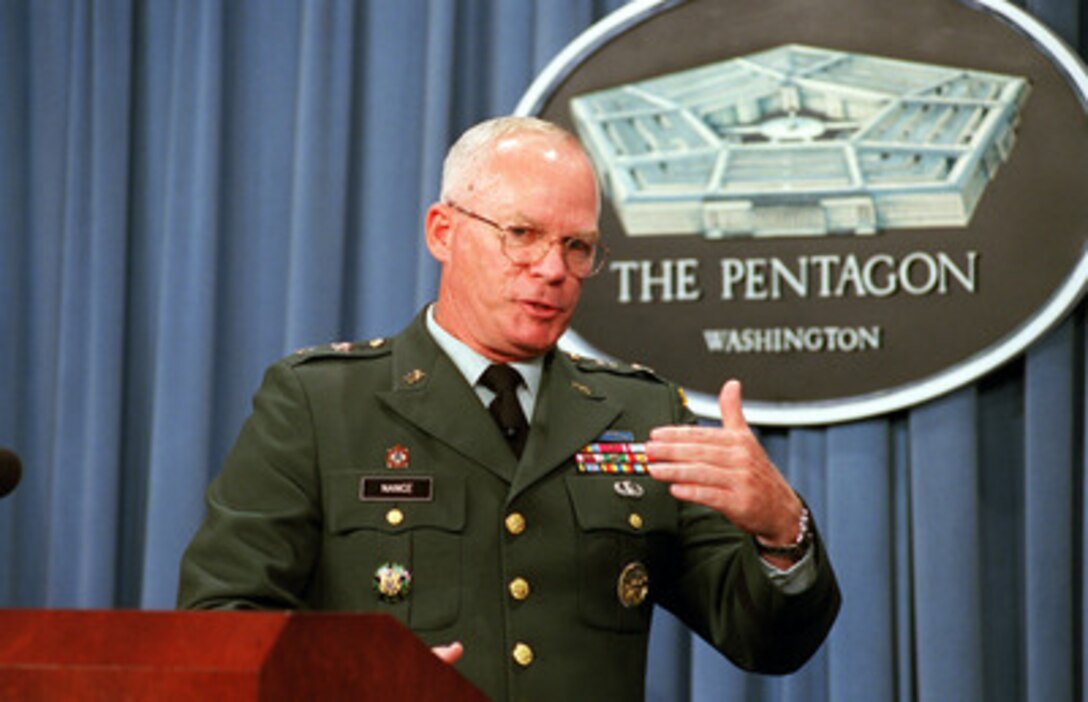 Army Maj. Gen. Willie B. Nance gives reporters an update on the July 14th ballistic missile intercept test during a Pentagon press briefing on Aug. 9, 2001. Nance is the program executive officer for the Ground-Based Missile Defense Segment of the Ballistic Missile Defense Organization. 
