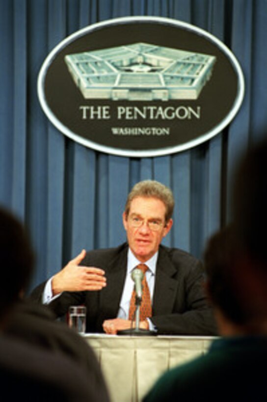 Assistant Secretary of Defense for International Security Affairs Peter W. Rodman talks to reporters during a media roundtable in the Pentagon on Aug. 21, 2001. 