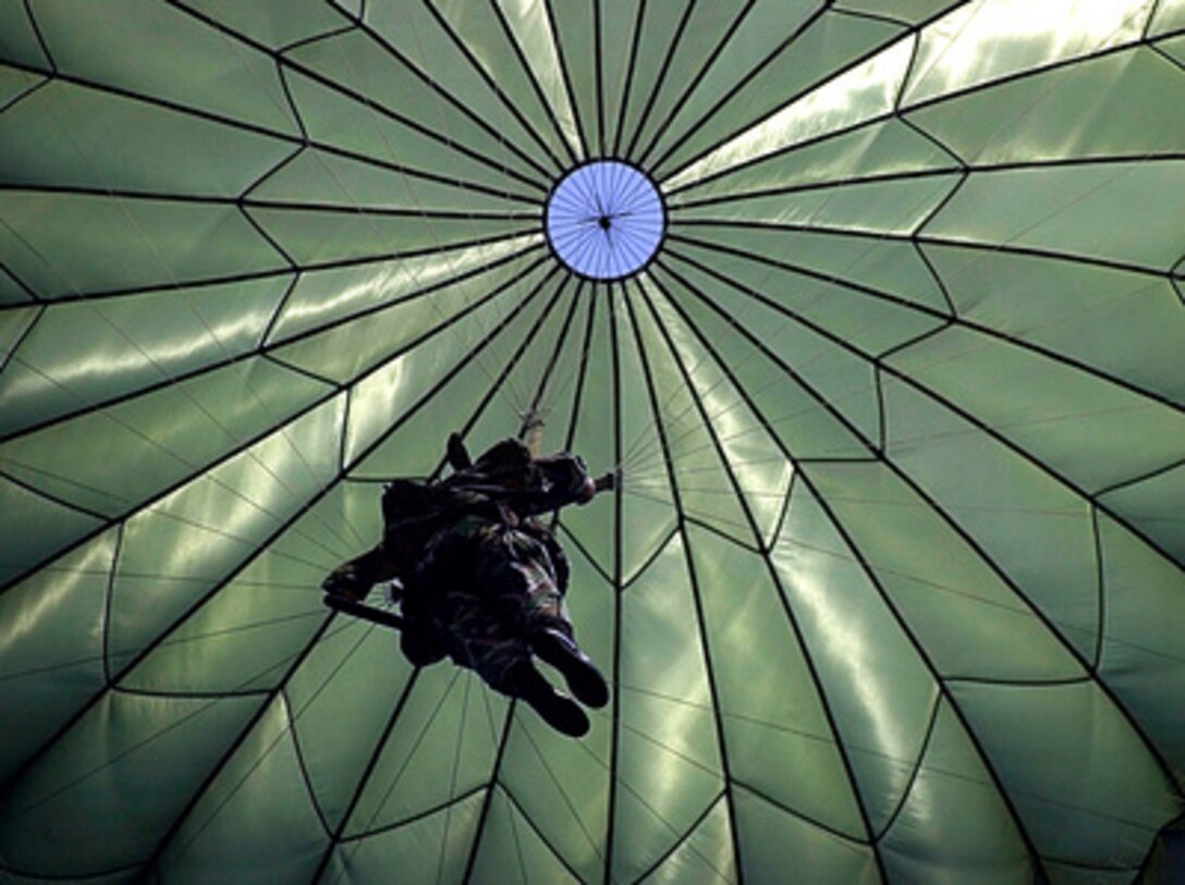 A soldier from the Army's 82nd Airborne Division parachutes to the ground at Charleston Air Force Base, S.C., after jumping from an Air Force C-17 Globemaster III on Aug. 9, 2001. Three hundred soldiers from Fort Bragg, N.C., participated in the training jump. 