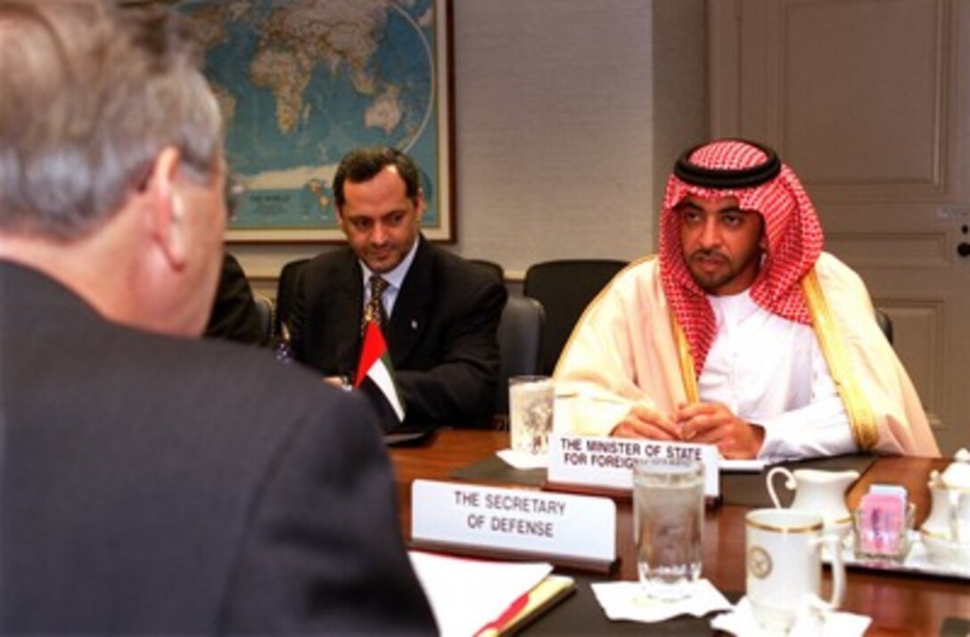 United Arab Emirates Minister of State for Foreign Affairs Shaikh Hamdan bin Zayid (right) meets with Secretary of Defense Donald H. Rumsfeld (left) in the Pentagon on Nov. 20, 2001. Ambassador to the United States Asri Said Ahmad al-Dhahiri joined in the discussions. 
