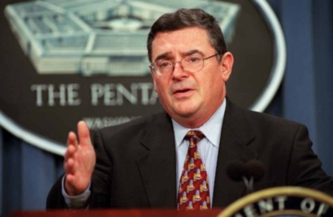 Deputy Assistant Secretary of Defense for Peacekeeping and Humanitarian Affairs Joseph J. Collins briefs reporters on the role of the Department of Defense in providing humanitarian relief to the people of Afghanistan in a Pentagon news briefing on Nov. 15, 2001. 