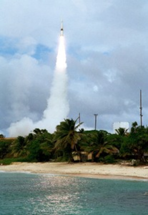 A payload launch vehicle carrying a prototype exoatmospheric kill vehicle is launched from Meck Island at the Kwajalein Missile Range on Dec. 3, 2001, for a planned intercept of a ballistic missile target over the central Pacific Ocean. The target vehicle, a modified Minuteman intercontinental ballistic missile, will be launched from Vandenberg Air Force Base, Calif. The interceptor is planned to hit the target more than 140 miles above the Earth during the midcourse phase of the warhead's flight. 