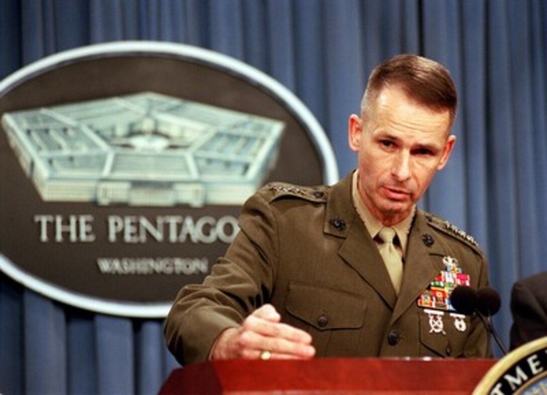 Vice Chairman of the Joint Chiefs of Staff Gen. Peter Pace, U.S. Marine Corps briefs reporters at the Pentagon about the on-going campaign against the al Qaeda terrorist organization and the military capability of Taliban regime in Afghanistan on Nov. 21, 2001. 