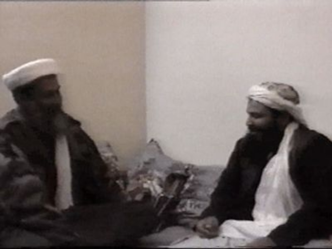 Frame grab from the Osama bin Laden videotape released by the Department of Defense on Dec. 13, 2001. 