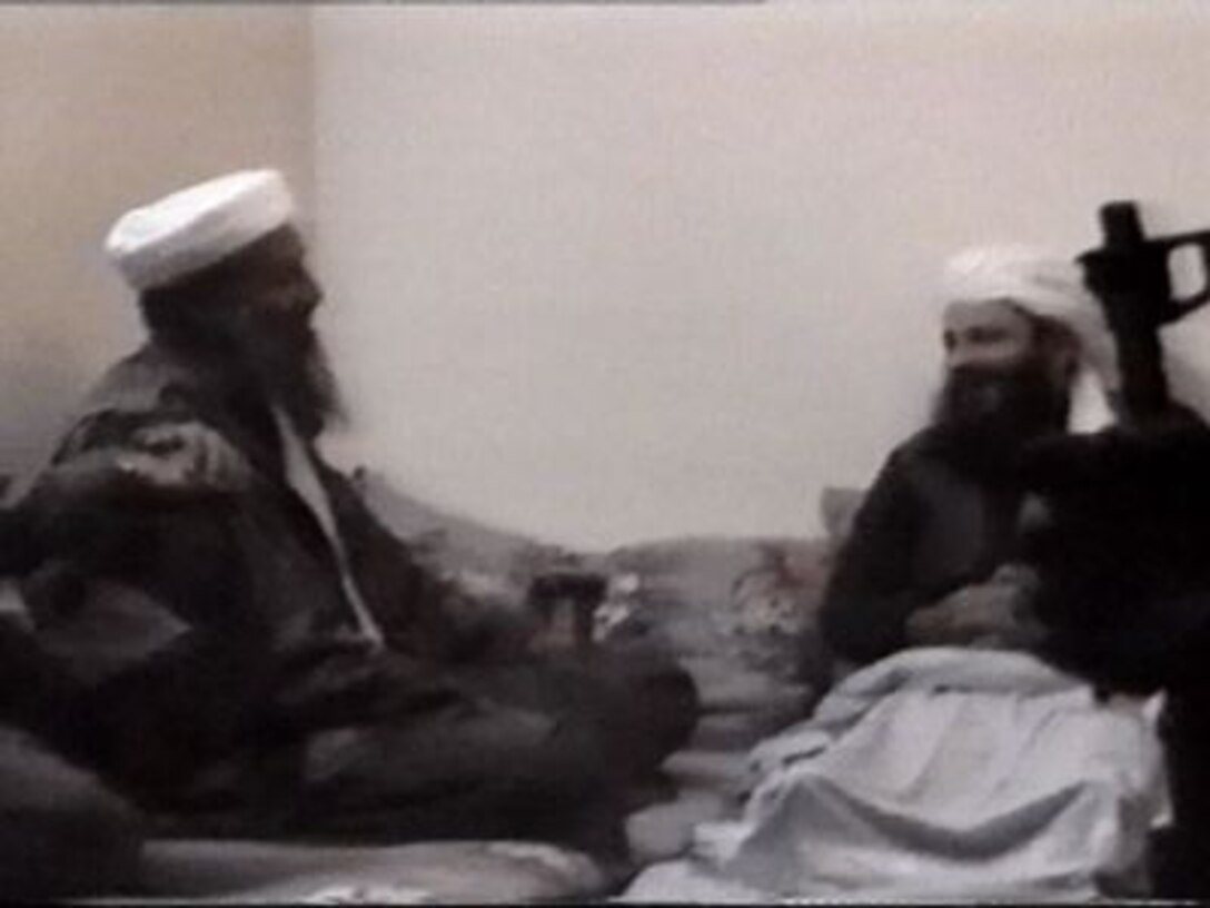 Frame grab from the Osama bin Laden videotape released by the Department of Defense on Dec. 13, 2001. 