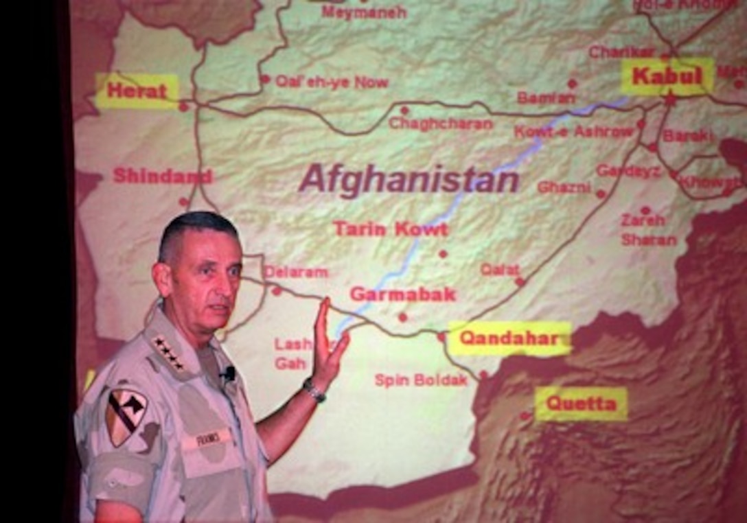 Commander-in-Chief, U.S. Central Command Gen. Tommy R. Franks, U.S. Army, briefs reporters on military operations in Afghanistan at the Marriott Waterside Hotel in Tampa, Fla., on Nov. 27, 2001. 