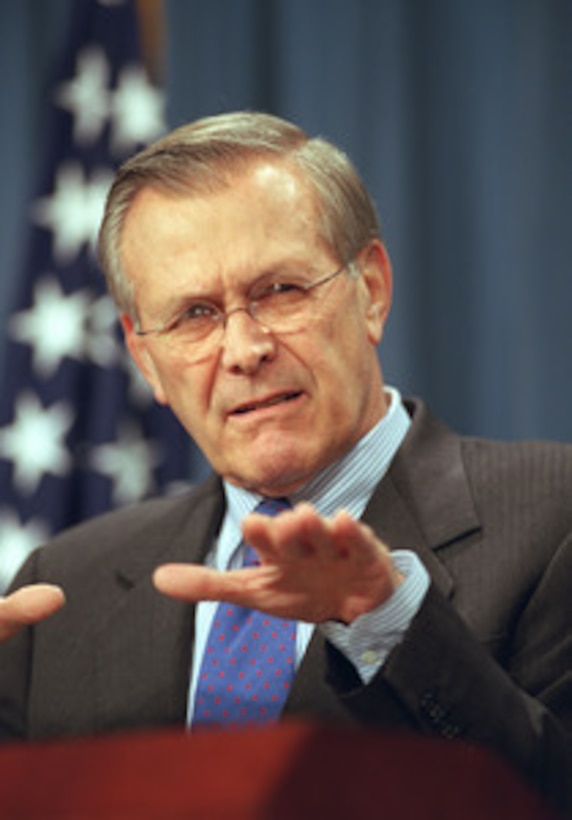 Secretary of Defense Donald Rumsfeld comments about the ethics of the war in Afghanistan during a Nov. 19, 2001, Pentagon press conference. The Secretary updated reporters on the campaign and the progress of Operation Enduring Freedom. 