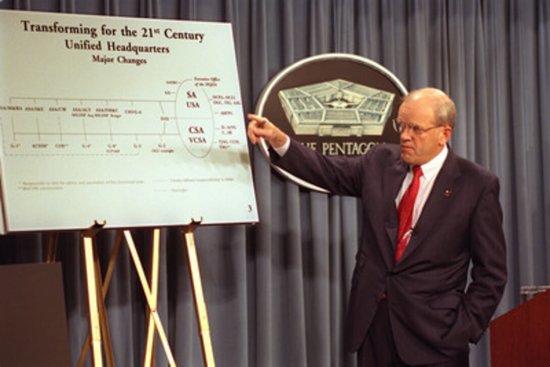 Secretary of the Army Thomas White uses an organizational chart to point out some of the changes to be made in the headquarters of the U.S. Army. White briefed reporters at the Pentagon, Dec. 18, 2001, on the efforts being made by the Army to increase the efficiency of its headquarters staff. The reorganization effort evolved from three imperatives laid down in a speech made by Secretary of Defense Donald Rumsfeld on the day before the Sept. 11 terrorist attacks against the United States. 