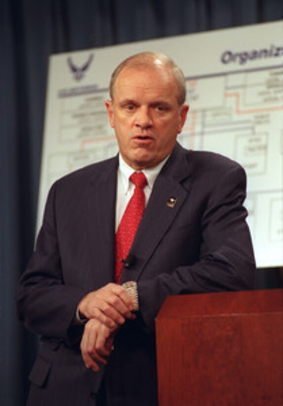 Secretary of the Army Thomas White briefs Pentagon reporters, Dec. 18, 2001, on the planned reorganization of the Headquarters of the U.S. Army. The reorganization effort evolved from three imperatives laid down in a speech made by Secretary of Defense Donald Rumsfeld on the day before the Sept. 11 terrorist attacks against the United States. 