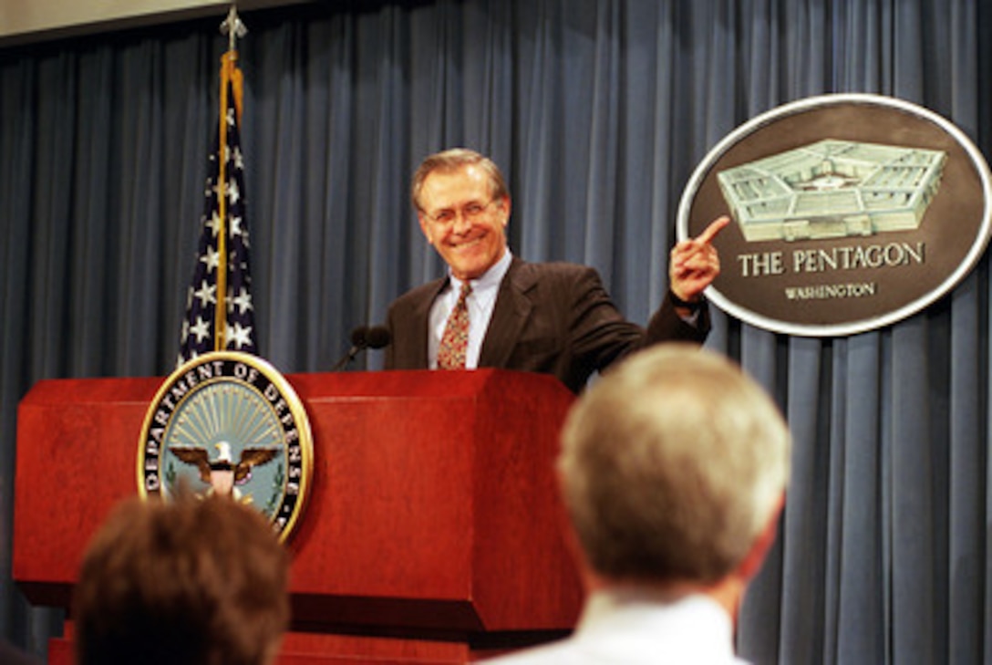 Secretary of Defense Donald H. Rumsfeld holds a press conference in the Pentagon on Jan. 26, 2001. Rumsfeld was sworn in as the 21st secretary of Defense in a ceremony at the White House Oval Office earlier today. 