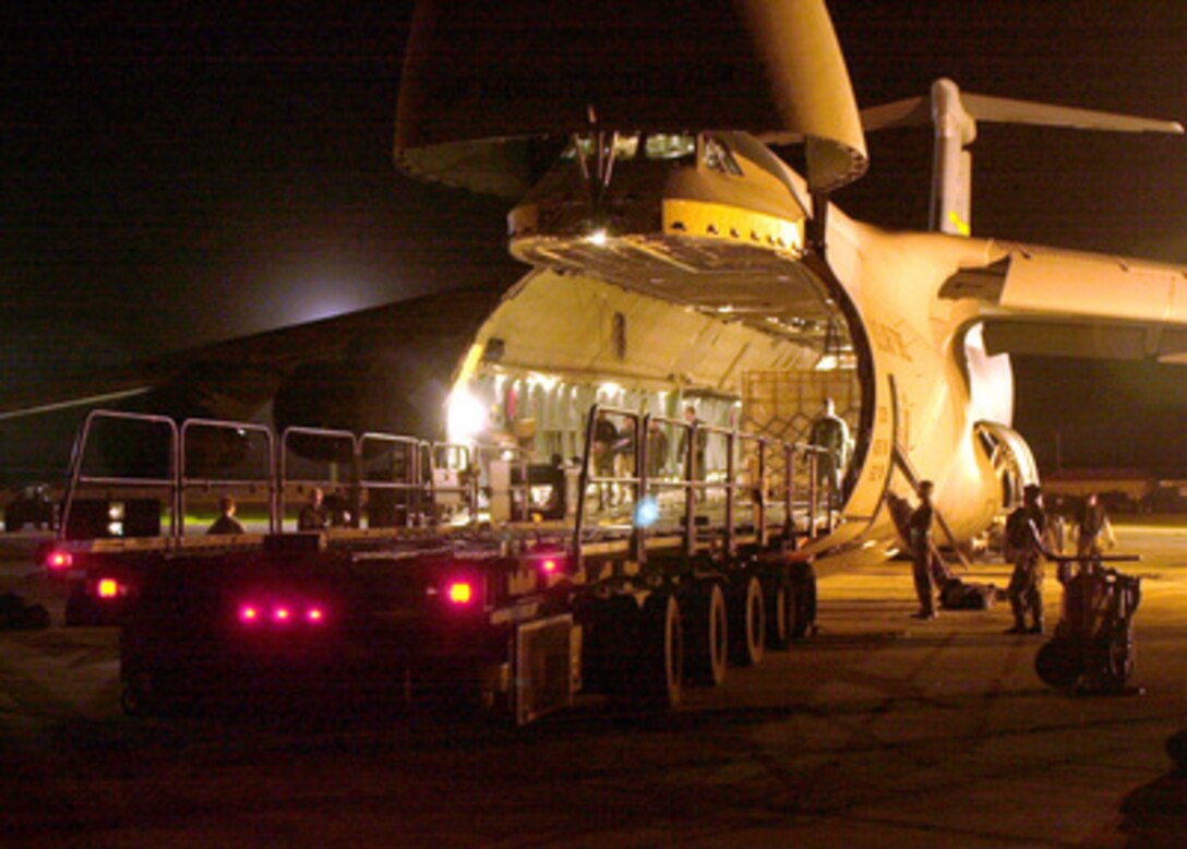 U.S. Air Force personnel unload relief supplies destined for earthquake victims in India from a C-5A Galaxy at Andersen Air Force Base, Guam, on Feb. 3, 2001. Tons of relief supplies are being flown to Andersen where they will be loaded onto C-17 Globemaster III aircraft for transport to India to aid victims of the January 26th earthquake. 