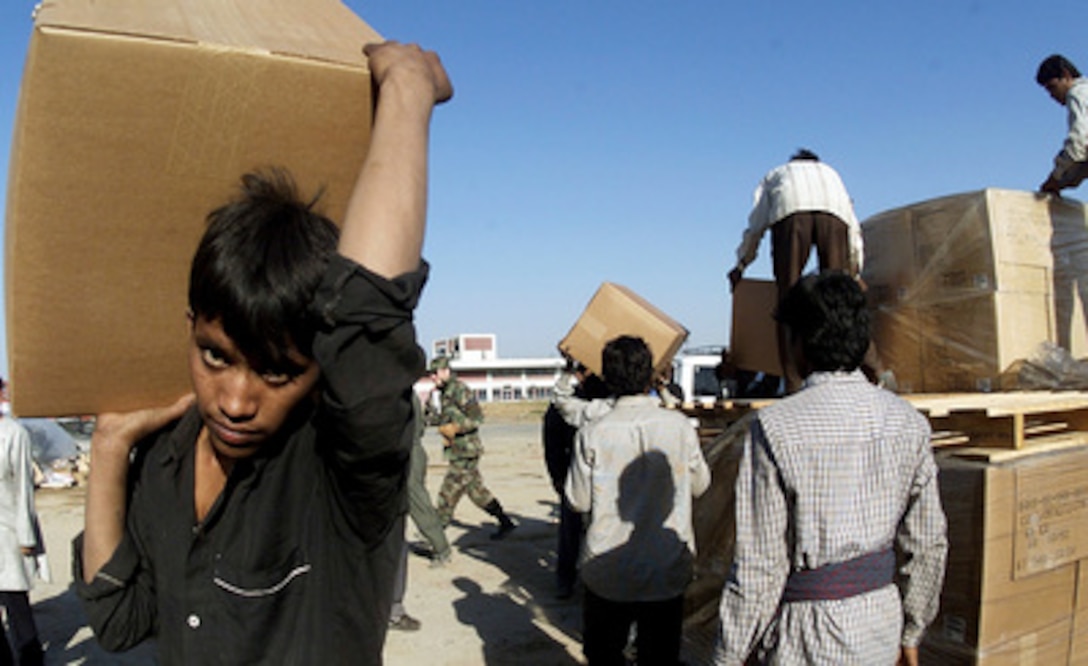 Pallets of humanitarian relief supplies from the U.S. are unloaded at Ahmadabad, India, on Feb. 3, 2001. Tons of the much needed supply of blankets, tents, sleeping bags, and heavy equipment are being transported to Ahmadabad aboard U.S. Air Force C-17 Globemaster III transport aircraft from Andersen Air Force Base, Guam, to aid victims of the January 26th earthquake. 