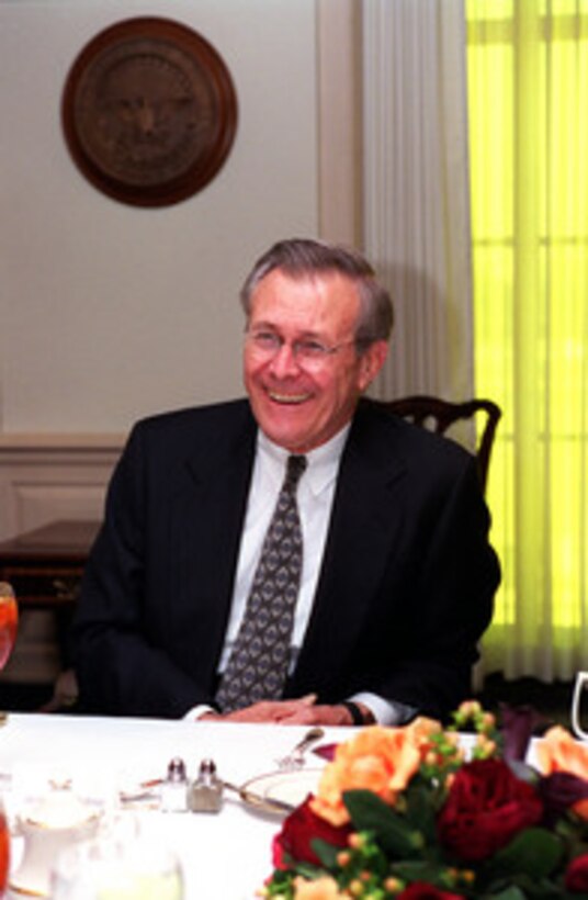 Secretary of Defense Donald H. Rumsfeld meets with Minister of Defense Bjorn Von Sydow, of the Kingdom of Sweden, at the Pentagon on Feb. 27, 2001. They discussed a range of regional issues of interest to both nations. 