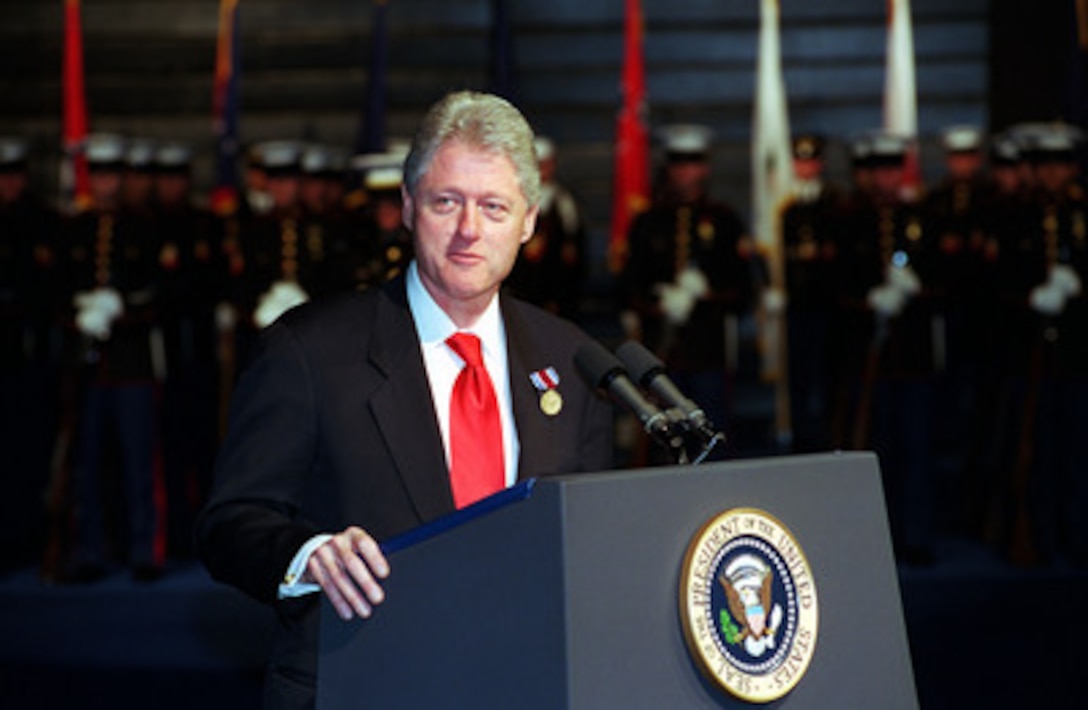 President Bill Clinton addresses the troops during an Armed Forces Review and Awards Ceremony at Fort Myer, Va., on Jan. 5, 2001. Secretary of Defense William S. Cohen and Chairman of the Joint Chiefs of Staff Gen. Henry H. Shelton (left), U.S. Army, are hosting the farewell ceremony in honor of the president and First Lady Hillary Rodham Clinton. 
