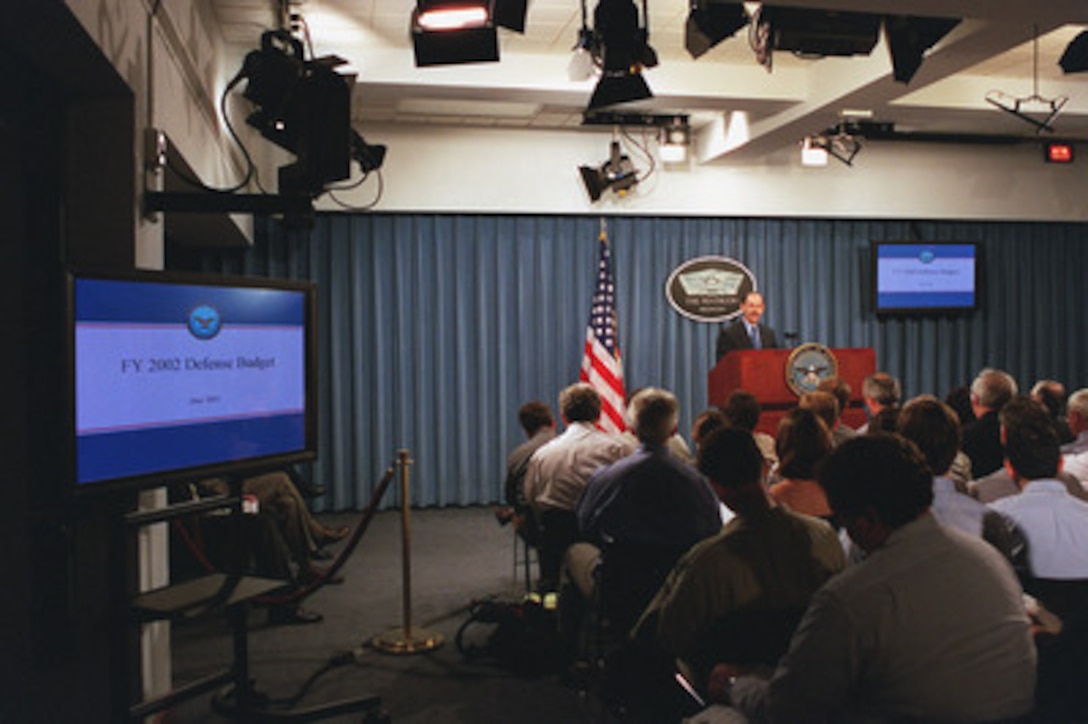 Under Secretary of Defense (Comptroller) Dov Zakheim conducts a Pentagon briefing on the Bush Administration's amended fiscal 2002 budget request for the Department of Defense June 27, 2001. 