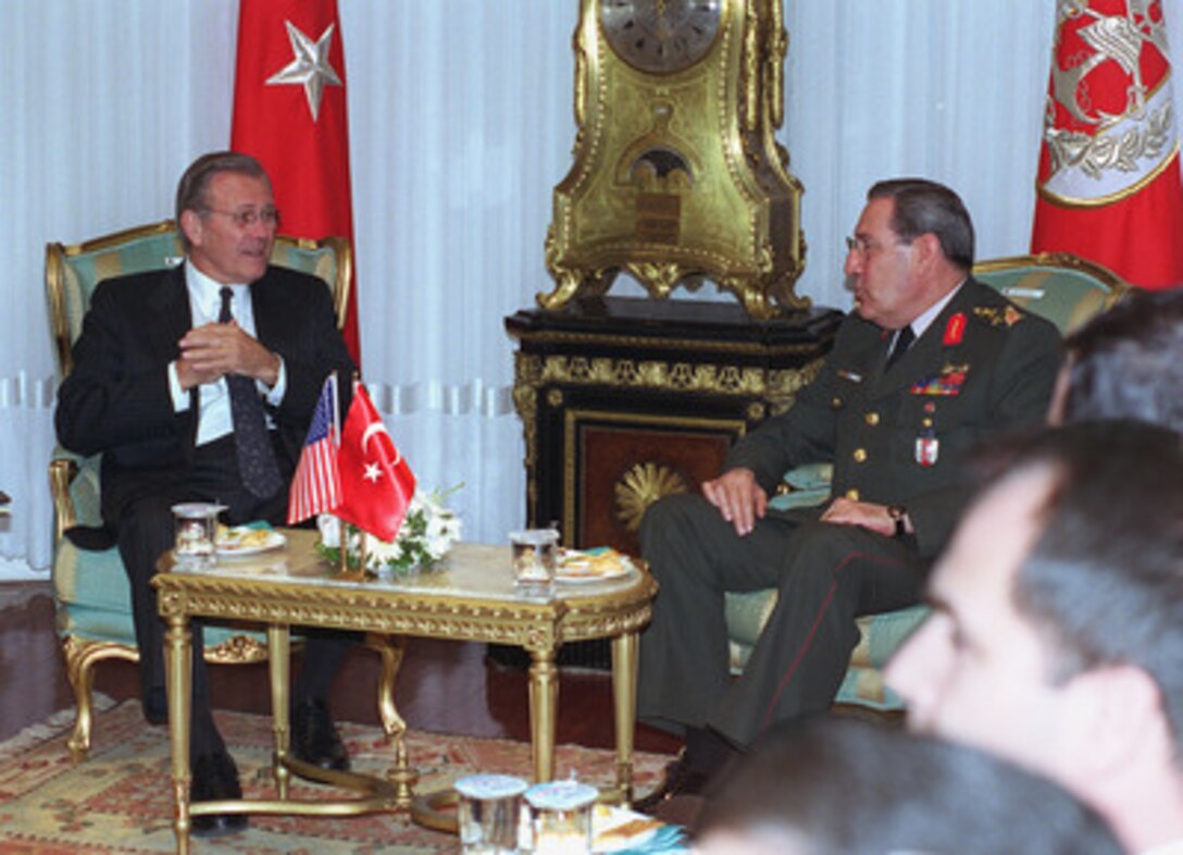 Secretary of Defense Donald H. Rumsfeld (left) meets with Gen. Yasar Buyukanit (right), deputy chief of defense, Turkish Defense Forces, at General Staff Headquarters in Ankara, Turkey, June 4, 2001. A range of regional and NATO security issues were discussed. Turkey was Rumsfeld's first stop on a planned seven-day, seven-nation European tour. 