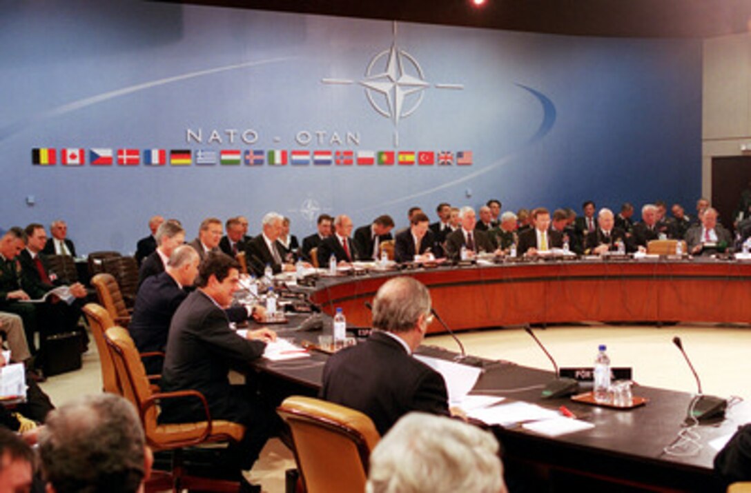The North Atlantic Council Defense Ministerial gets underway at NATO Headquarters in Brussels, Belgium, on June 7, 2001. Secretary of Defense Donald H. Rumsfeld (under the NATO sign) is attending his first NATO ministerial in his second term of office. Rumsfeld is one of the most experienced NATO participants having served as NATO ambassador during 1973-74 and as secretary of defense under President Gerald Ford 1975-77. The NATO meeting is one stop of Rumsfeld's seven-day, seven-nation, European tour. 