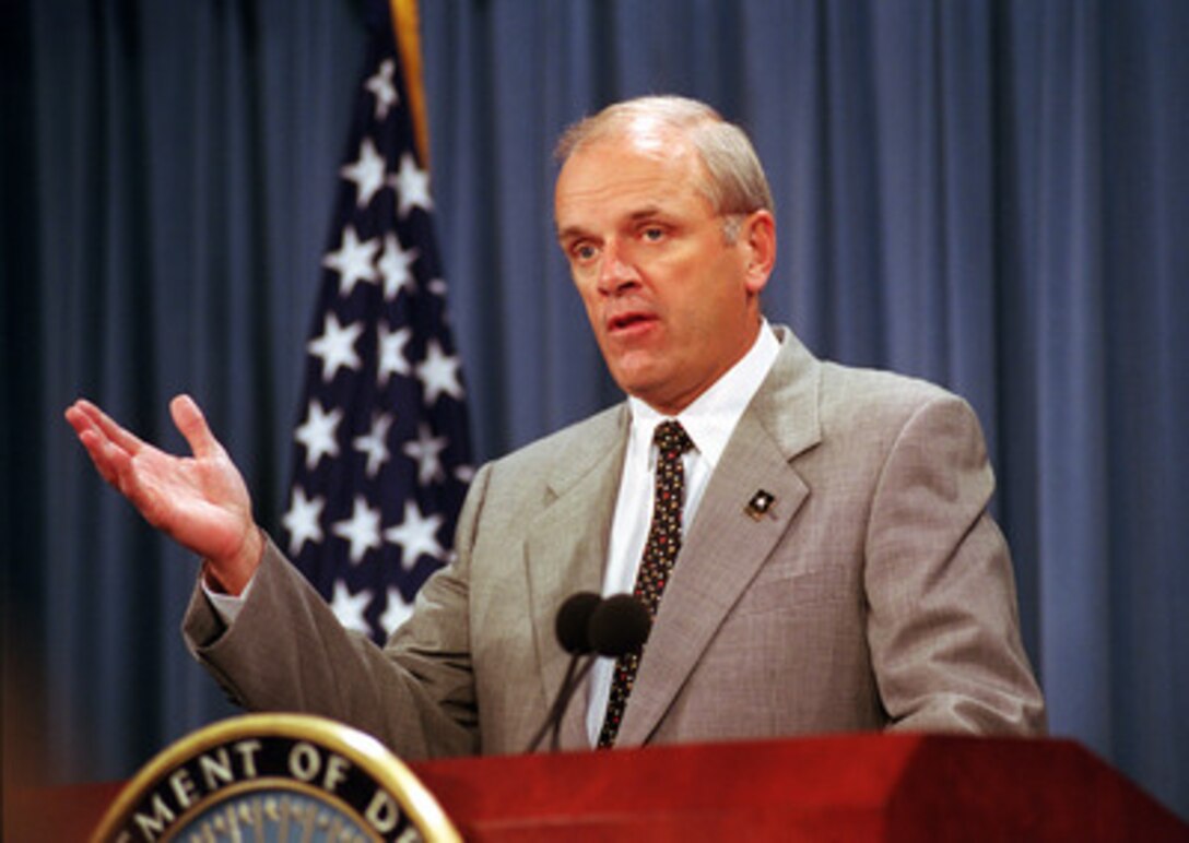 Secretary of the Army Thomas E. White announces the Army installations that have been selected to host the next four Interim Brigade Combat Teams at a Pentagon news briefing on July 12, 2001. The Teams will be quickly deployable, by air or sea, and based at installations which were selected to put the forces in close geographic proximity to Air Force and Navy transport assets. 