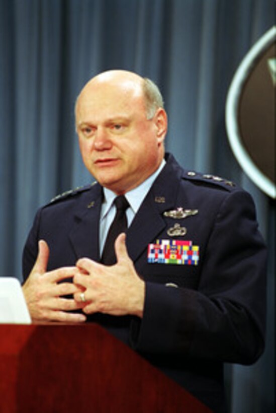 Lt. Gen. Ronald T. Kadish, director of the Ballistic Missile Defense Organization, conducts a press briefing in the Pentagon on the restructured missile defense program and testing plan on July 13, 2001. Kadish is also briefing reporters on the details of the next missile test, Integrated Flight Test 6, scheduled to take place July 14. 