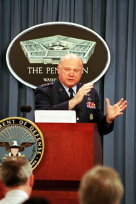 Lt. Gen. Ronald T. Kadish, director of the Ballistic Missile Defense Organization, conducts a press briefing in the Pentagon on the restructured missile defense program and testing plan on July 13, 2001. Kadish also is briefing reporters on the details of the next missile test, Integrated Flight Test 6, scheduled to take place July 14. 