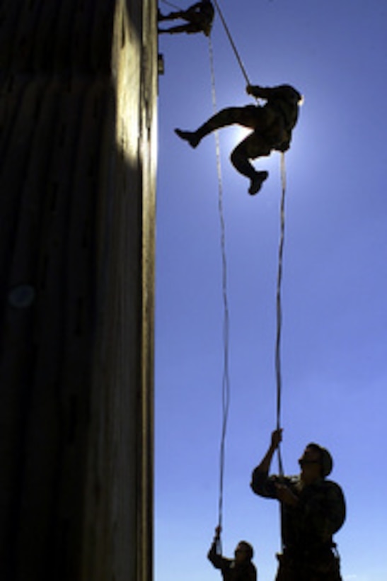 Pfc. Amaryllis Rivera rappels down a 40 foot tower during exercise Golden Medic at the Parks Reserve Forces Training Area, Dublin, Calif., on July 19, 2001. Golden Medic is a multi-unit, medical field exercise. Rivera is attached to the 246th Mortuary Affairs Unit, Puerto Rico. 