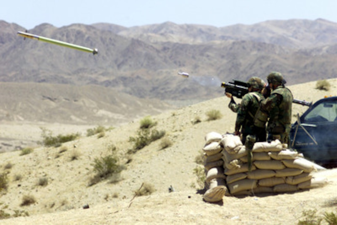 Marines launch a Stinger anti-aircraft missile at a target aircraft during a live fire exercise at the Marine Corps Air Ground Combat Center Twentynine Palms, Calif., on July 15, 2001. The Marines are assigned to the Third Low Altitude Air Defense Battalion. 