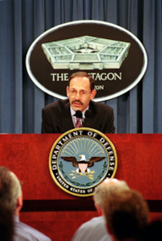 Under Secretary of Defense (Comptroller) Dov S. Zakheim responds to a reporter's question during a Pentagon press briefing on May 31, 200l. Zakheim discussed the Fiscal Year 2001 Department of Defense budget supplemental request. 