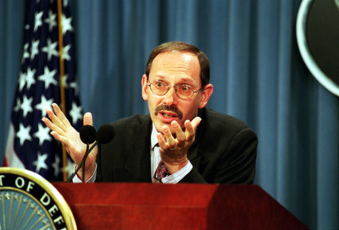 Under Secretary of Defense (Comptroller) Dov S. Zakheim responds to a reporter's question during a Pentagon press briefing on May 31, 200l. Zakheim discussed the Fiscal Year 2001 Department of Defense budget supplemental request. 