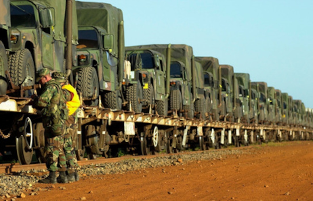 U.S. Marines prepare to off load 48 Humvees at Rockhampton, Australia, for Exercise Tandem Thrust 2001 on April 30, 2001. Tandem Thrust is a combined military training exercise involving more than 18,000 U.S., Australian, and Canadian personnel who are training in crisis action planning and execution of contingency response operations. 