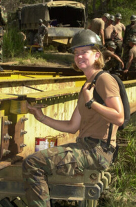 Builder Constructionman Ida Grigson, from Naval Mobile Construction Battalion 1, paints bearers on a rebuilt bridge during Exercise Tandem Thrust 2001 in Shoalwater Bay Training Area, Queensland, Australia, on May 6, 2001. Grigson is deployed for Tandem Thrust which is a combined military training exercise involving more than 18,000 U.S., Australian, and Canadian personnel who are training in crisis action planning and execution of contingency response operations. 