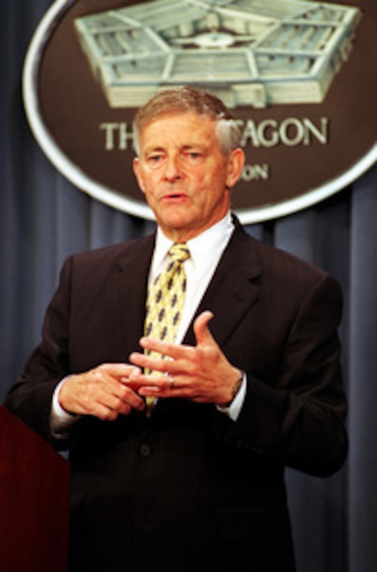 Retired Air Force Gen. James P. McCarthy briefs the press on the results of the Defense Transformation Study in the Pentagon on June 12, 2001. The study, undertaken by the Institute for Defense Analyses, was conducted by McCarthy and a group of senior military professionals, scientific advisors, and intelligence specialists. Its purpose was to provide Secretary of Defense Donald H. Rumsfeld with new concepts and approaches to transform the military. 