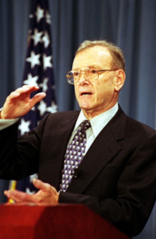 Retired Navy Adm. David Jeremiah briefs the Pentagon press on the results of the Defense Morale and Quality of Life Study on June 13, 2001. The study was conducted by the RAND Corporation to provide Secretary of Defense Donald H. Rumsfeld with recommendations to improve quality of life and morale of the total workforce. 