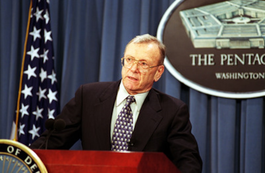 Retired Navy Adm. David Jeremiah briefs the Pentagon press on the results of the Defense Morale and Quality of Life Study on June 13, 2001. The study was conducted by the RAND Corporation to provide Secretary of Defense Donald H. Rumsfeld with recommendations to improve quality of life and morale of the total workforce. 