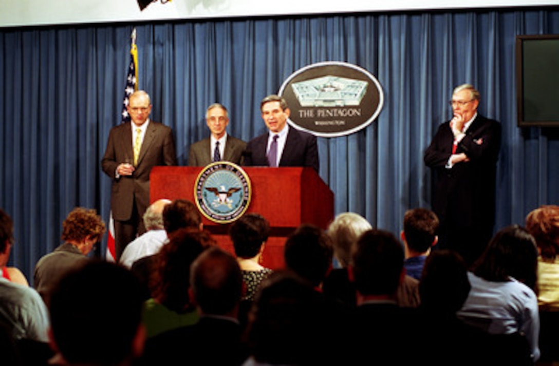 Deputy Secretary of Defense Paul Wolfowitz (center) introduces the service secretaries and describes their role in the management of the Department of Defense during a Pentagon press briefing on June 18, 2001. From left to right are Secretary of the Army Thomas White, Secretary of the Navy Gordon England, Wolfowitz, and Secretary of the Air Force James Roche. 