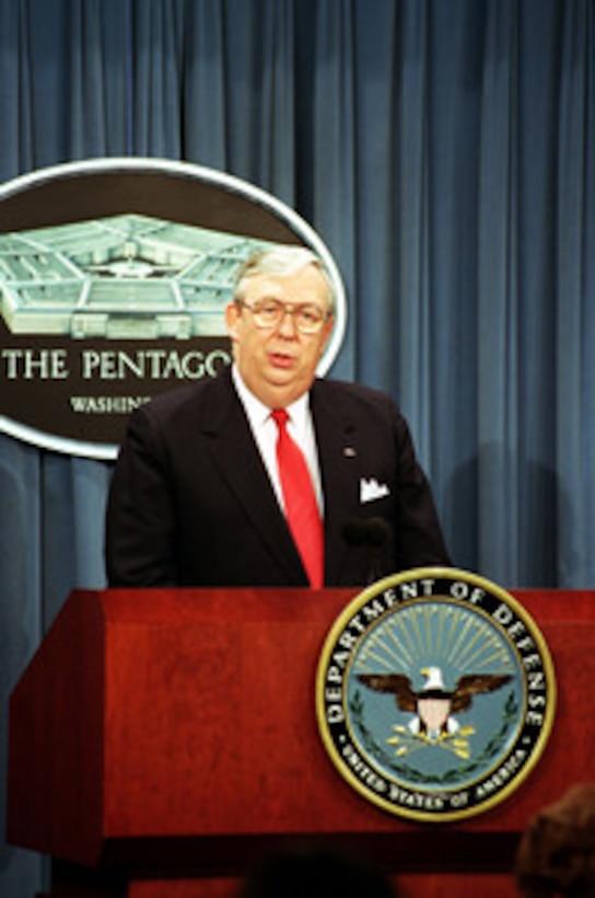 Secretary of the Air Force James Roche responds to a reporter's question concerning his role in the management of the Department of Defense during a Pentagon press briefing on June 18, 2001. 