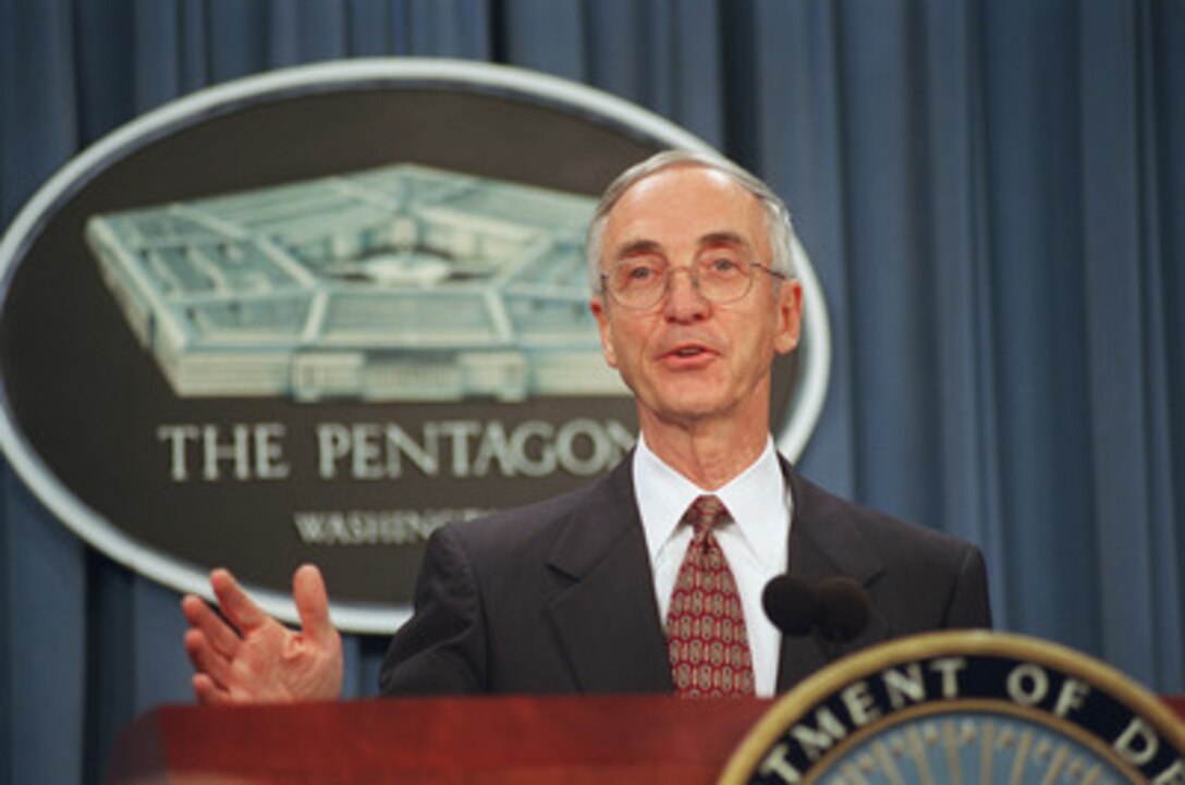 Secretary of the Navy Gordon England briefs reporters at the Pentagon, June 15, 2001, on the Department of Defense decision to terminate use of the Vieques training and bombing range in Puerto Rico within two-years. 